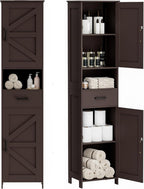 Homhedy 67" H Tall Bathroom Storage Cabinet with 2 Barn Doors and 1 Drawer, Narrow Storage Unit, Adjustable Shelves, Floor Cabinet for Bathroom, Living Room, Entryway, Kitchen, Brown, (15.7" W)