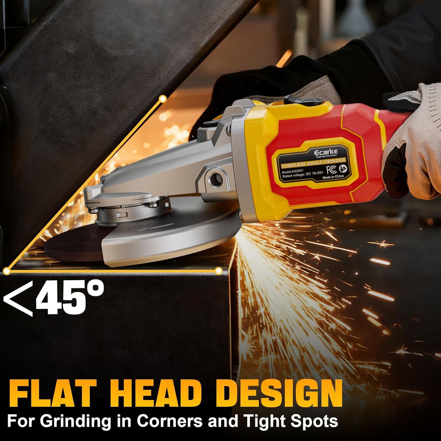 Ecarke Flathead Angle Grinder Compatible with DeWalt 20V Battery, 4-1/2" to 5",11000RPM, Anti-Vibration & Gyroscope Safety System,Tool-Free Guard, Angle Grinder for Tight Spaces Grinding (Tool Only)