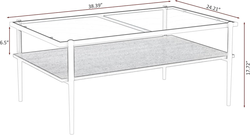 Casaphoria Rectangle Coffee Table with Gray Tempered Glass Top, Modern 2-Tier Center Cocktail Table with White Metal Legs and Wood MDF Storage Shelf for Living Room Apartment, 38 Inch, 220 LBS