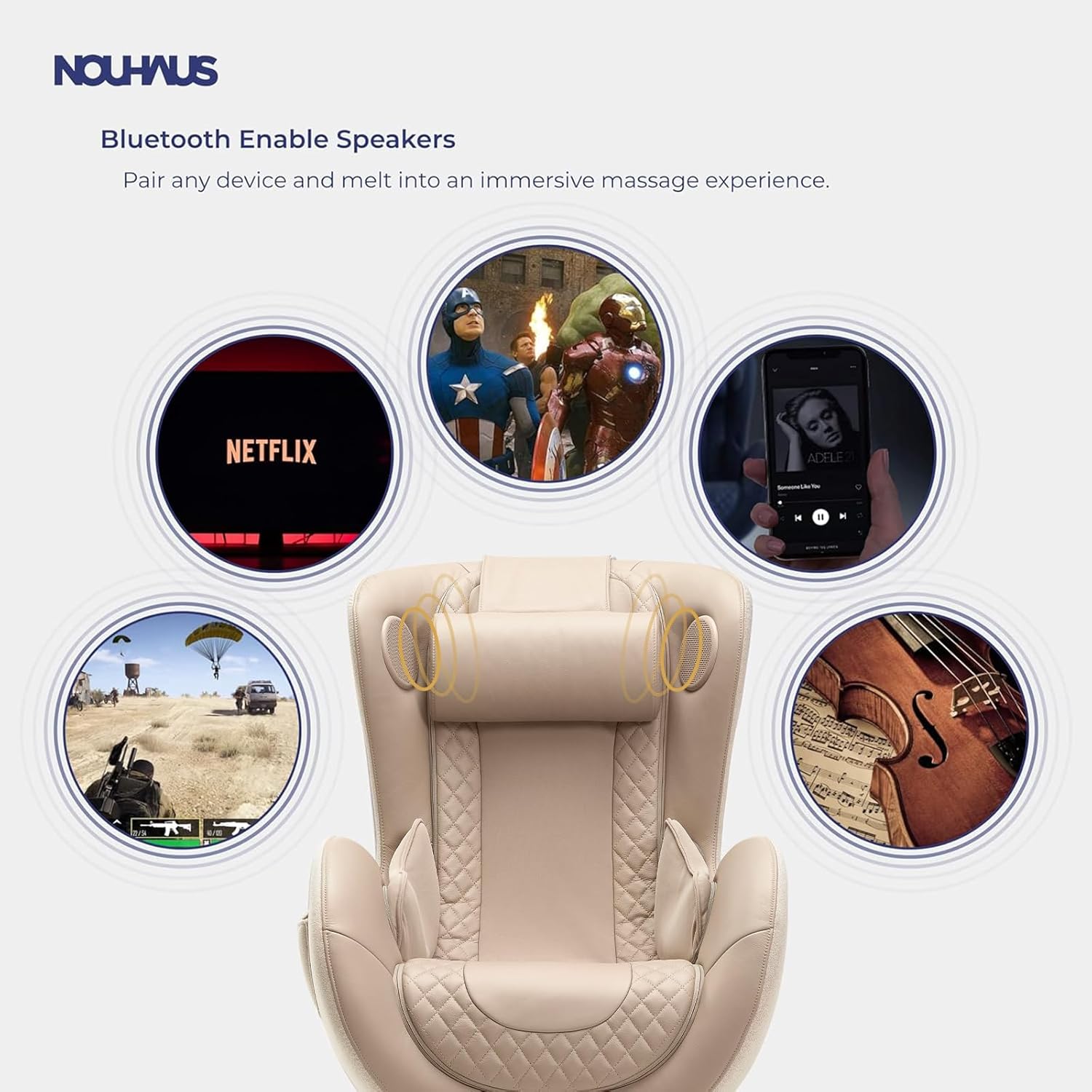 Nouhaus Classic Massage Chair with Ottoman – Mellow Sand Leather Recliner with Percussive Shiatsu Massager, Built-in Speaker & Full Body Spot Massage – Ultimate Comfort for Home & Office
