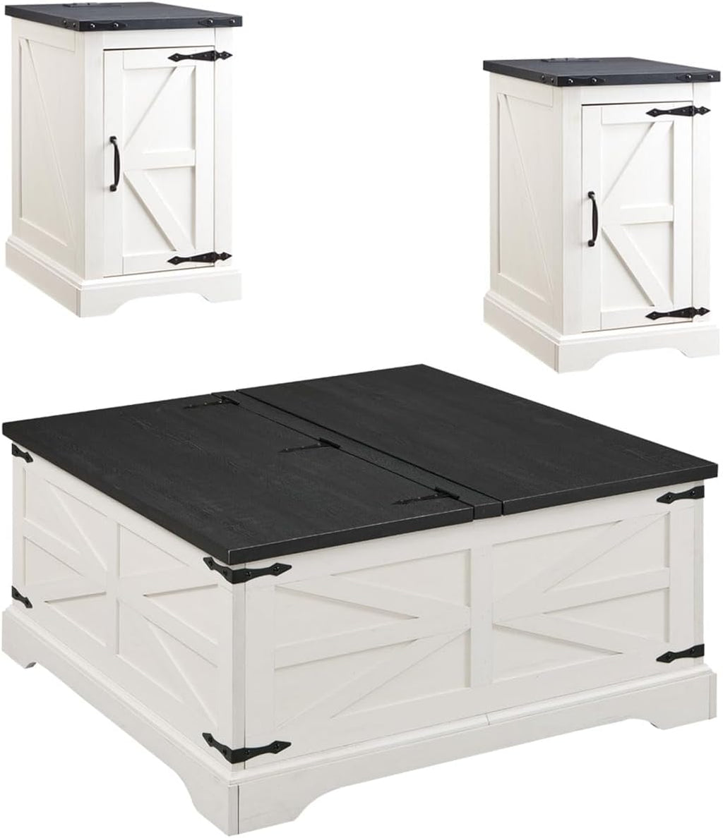 JXQTLINGMU 3-Piece Farmhouse Coffee Table and End Table Sets, Includeds 36" Lift Top Square Coffee Table w/Storage & 2 Rustic Wood End Tables w/Charging Station & Barn Doors for Living Room(White)
