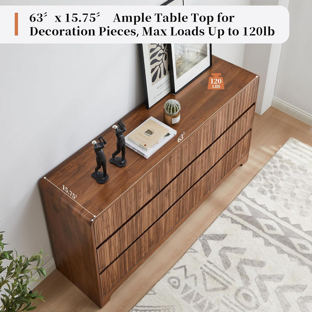 MERRYBERRY Fluted Dresser for Bedroom with 9 Drawers,63" Wide Modern Chest of Drawers with Curved Profile & Deep Drawer,Large Wood TV Dresser for Bedroom Living Room