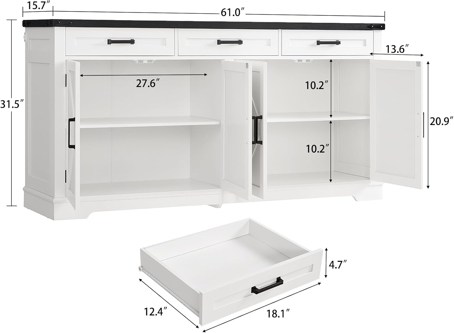 TEENFON 61" Farmhouse Buffet Cabinet with 2 Adjustable Shelves, Sideboard with 3 Drawers & 4 Doors, Rustic Storage Cabinet for Kitchen, Entryway, Coffee Bar, White