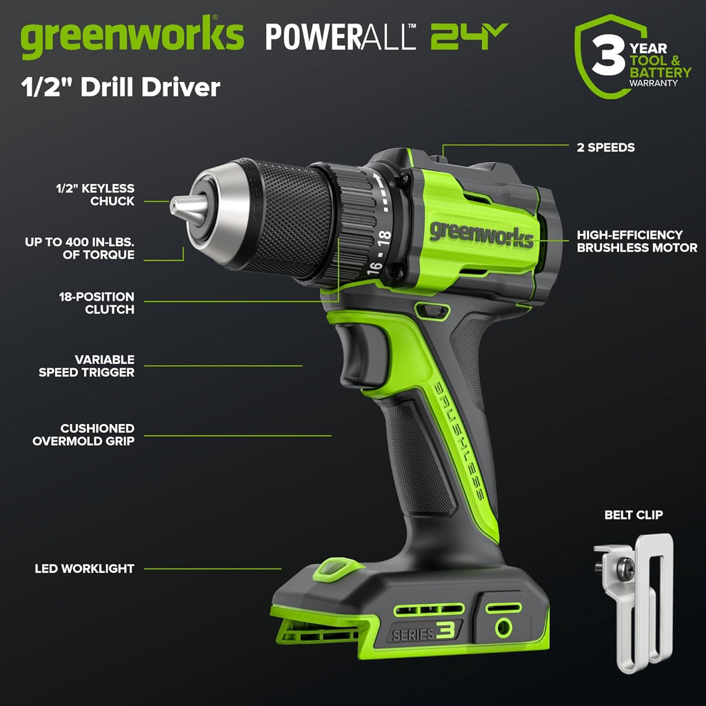 GREENWORKS 24V 1/2” Brushless Cordless Drill (400 In-lbs.) + 6.5” Circular Saw (4,800 RPM), (2) 2.0Ah (12,000mAh Power Bank) USB-C Batteries, Braided Cable, 65W Rapid Charger