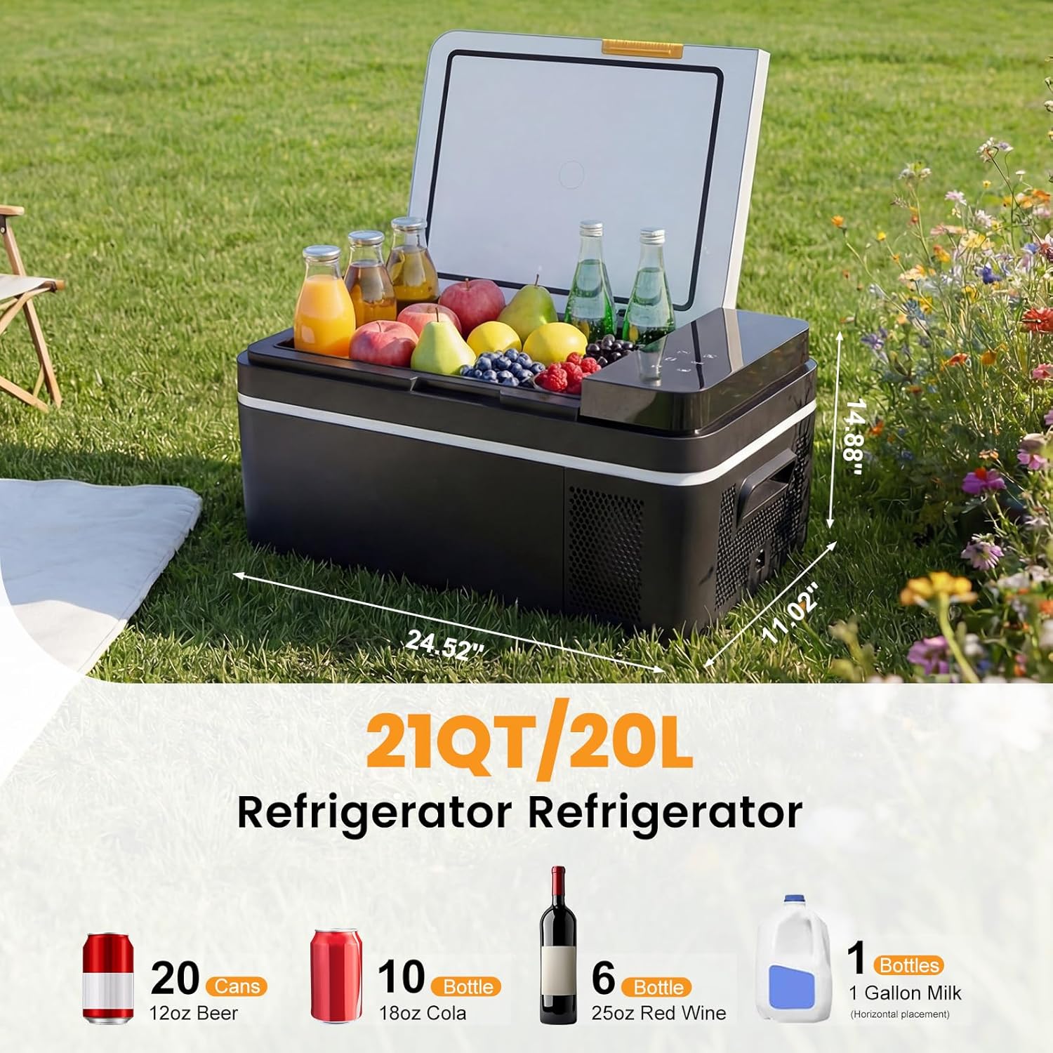 NEWBULIG 12 Volt Car Refrigerator, 21QT Single-Zone Electric Cooler for Vehicles, 12/24V DC & 100-240V AC, -4℉-68℉ Freezer, Bluetooth Control, Battery Protection & Child Lock for Travel, Camping
