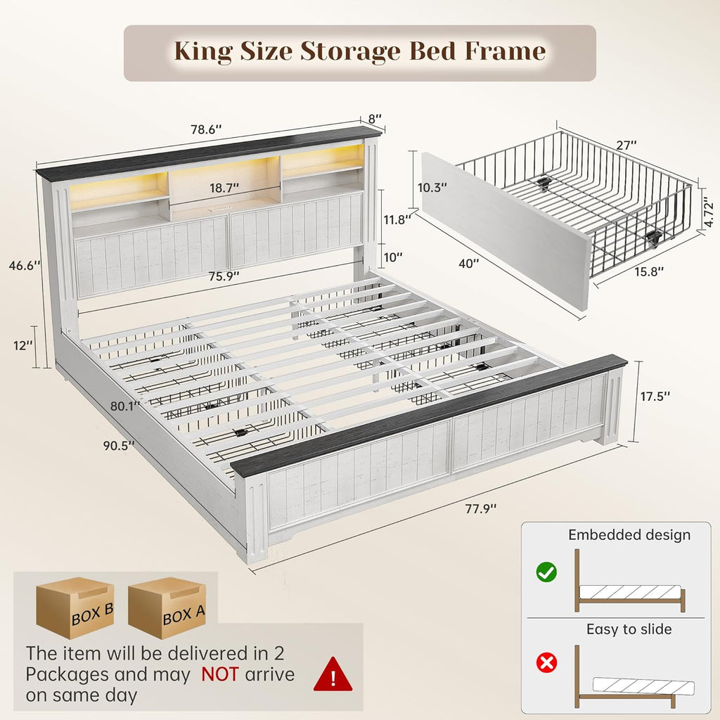 EnHomee King Size Bed Frame and Headboard & Storage, 4 Drawers and LED Built in Charging Station King Bed Frame with Storage Farmhouse,NO Noise,No Box Spring Needed,White