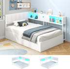 Hasuit Corner Twin Lift Up Storage Bed Frame with Charging Station & LED Lights, Twin Day Bed with Upholstered Headboard and Bookcase, Corner Beds with Hydraulic for Kids Teens Guests, White