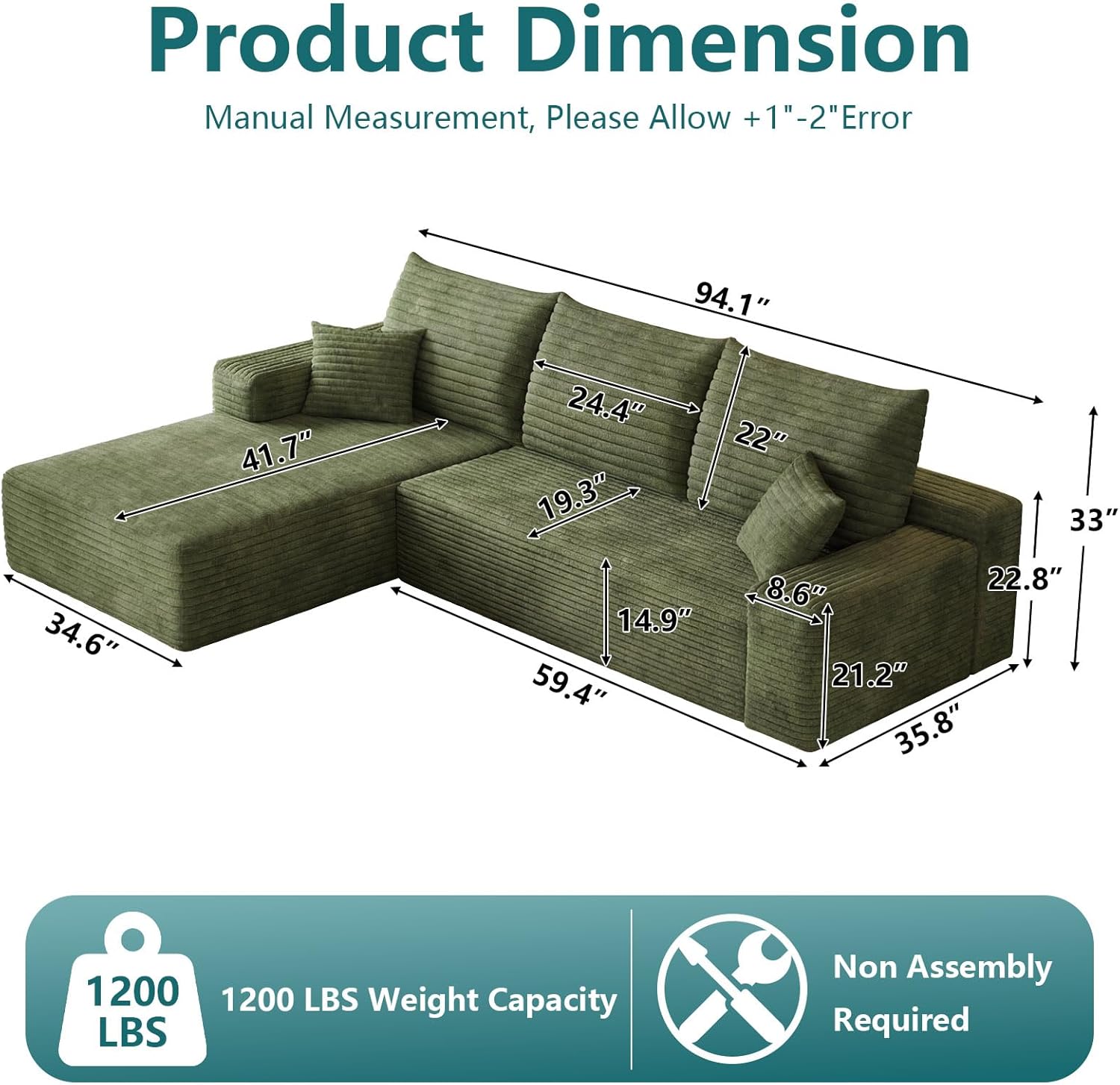 95" Modular Sectional Couch, Boneless L Shaped Cloud Sofa with Chaise Lounge, Corduroy Upholstered Couches Memory Foam Deep Seat, No Assembly Required, Ideal for Living Room(Green, Left Facing)