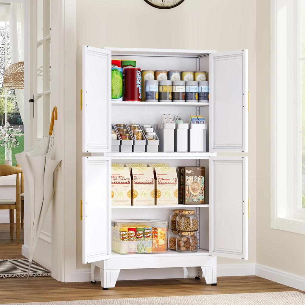GAIOUS 47.25" Metal Pantry Cabinet, Storage Cabinets with 4 Door and 2 Adjustable Shelves, White Bathroom Cabinet, Freestanding Cupboard for Kitchen Dining Living Room Bathroom