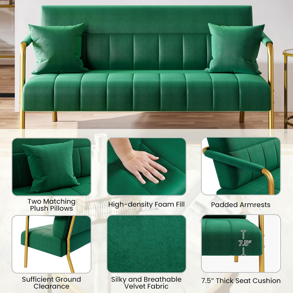 Yaheetech 56.5" W Modern Sofa Small Sofa Luxurious Velvet Fabric Couch with Gold-Tone Metal Arms and Legs for Living Room, Home Office, Studio Green