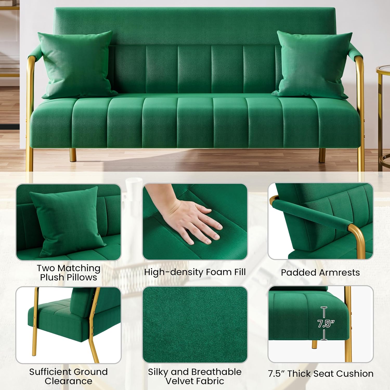 Yaheetech 56.5" W Modern Sofa Small Sofa Luxurious Velvet Fabric Couch with Gold-Tone Metal Arms and Legs for Living Room, Home Office, Studio Green