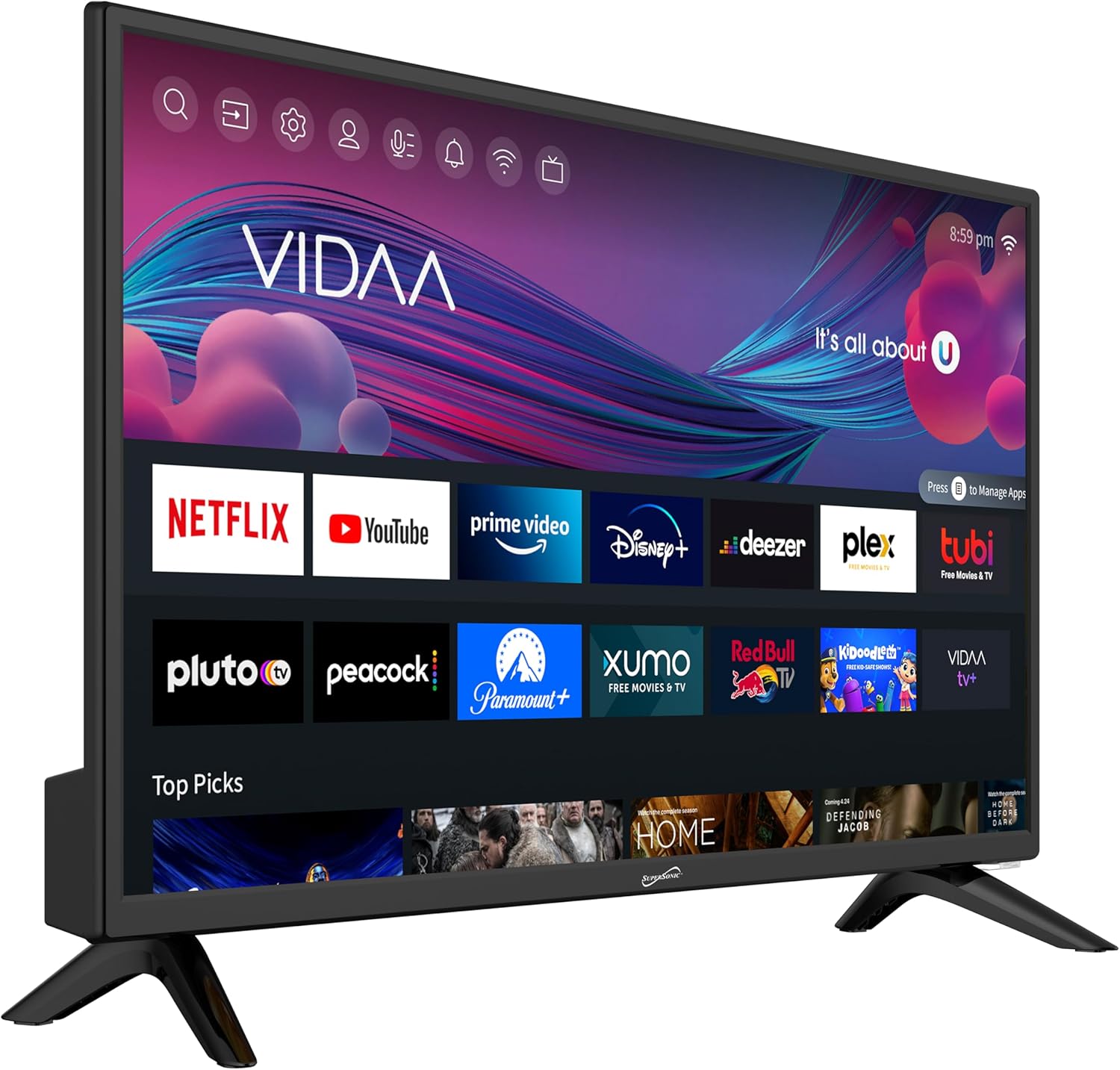 Supersonic SC-2426SDVD 24-inch LED Smart HDTV w/DVD Player  ATSC & NTSC System  3X HDMI  1080p  WiFi  USB  Multi Language OSD  AC/DC Compatible for Home  Kitchen  or RV Camper  DC Car Cord Included