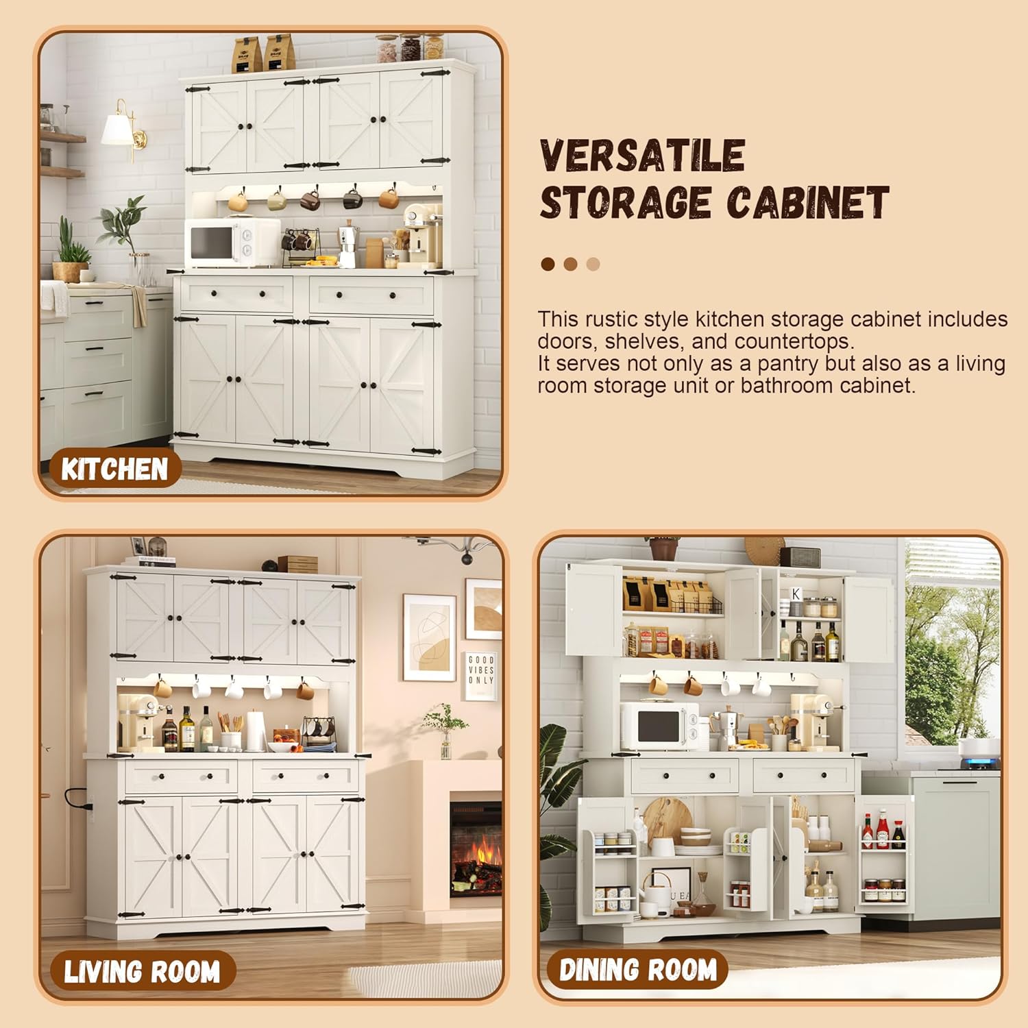 71" Tall Large Pantry Storage Cabinet w/Power Outlet,55" Wide Farmhouse Kitchen Hutch Storage Cabinet w/Barn Doors,2 Drawer,Large Countertop,LED Light,Rustic Coffee Bar,6 Hooks,8 Doors Shelves