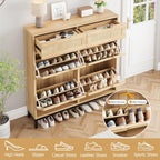 Rattan Shoe Cabinet with Flip Drawers, Narrow Freestanding Shoe Storage Cabinet with Metal Legs for Entryway/Hallway/Foyer (Natural)