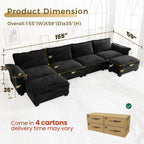 KKL U-Shaped Modular Sectional Sofa, 6 Seater Cloud Couch with Ottoman, Chenille Sectional Couches for Living Room, Apartment, Black