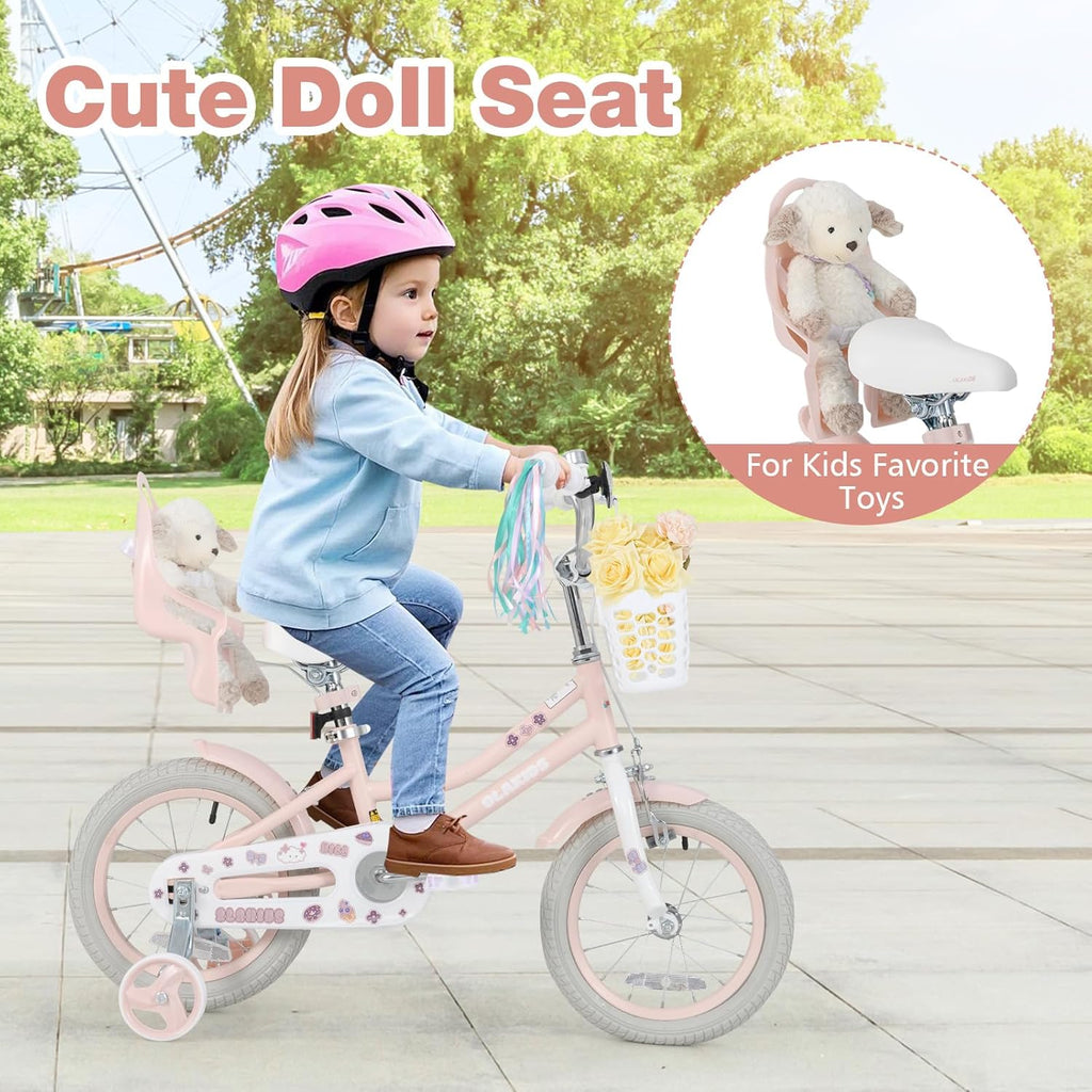 Olakids Kids Bike, 12 14 16 18 20 Inch Toddlers Bike with Doll Seat Basket Adjustable Seat and Handlebar, Handbrake and Coaster Brake, Children's Bicycle for Girls