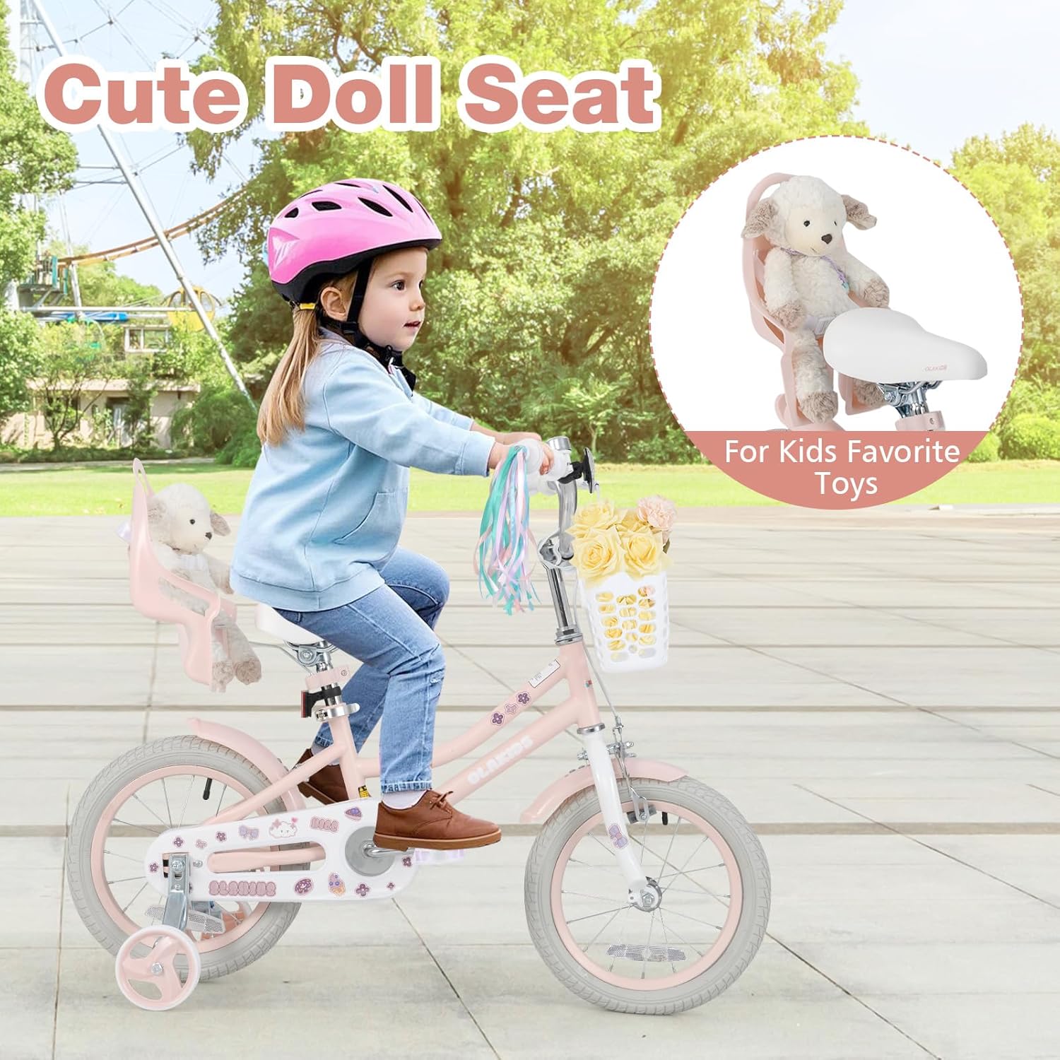 Olakids Kids Bike, 12 14 16 18 20 Inch Toddlers Bike with Doll Seat Basket Adjustable Seat and Handlebar, Handbrake and Coaster Brake, Children's Bicycle for Girls
