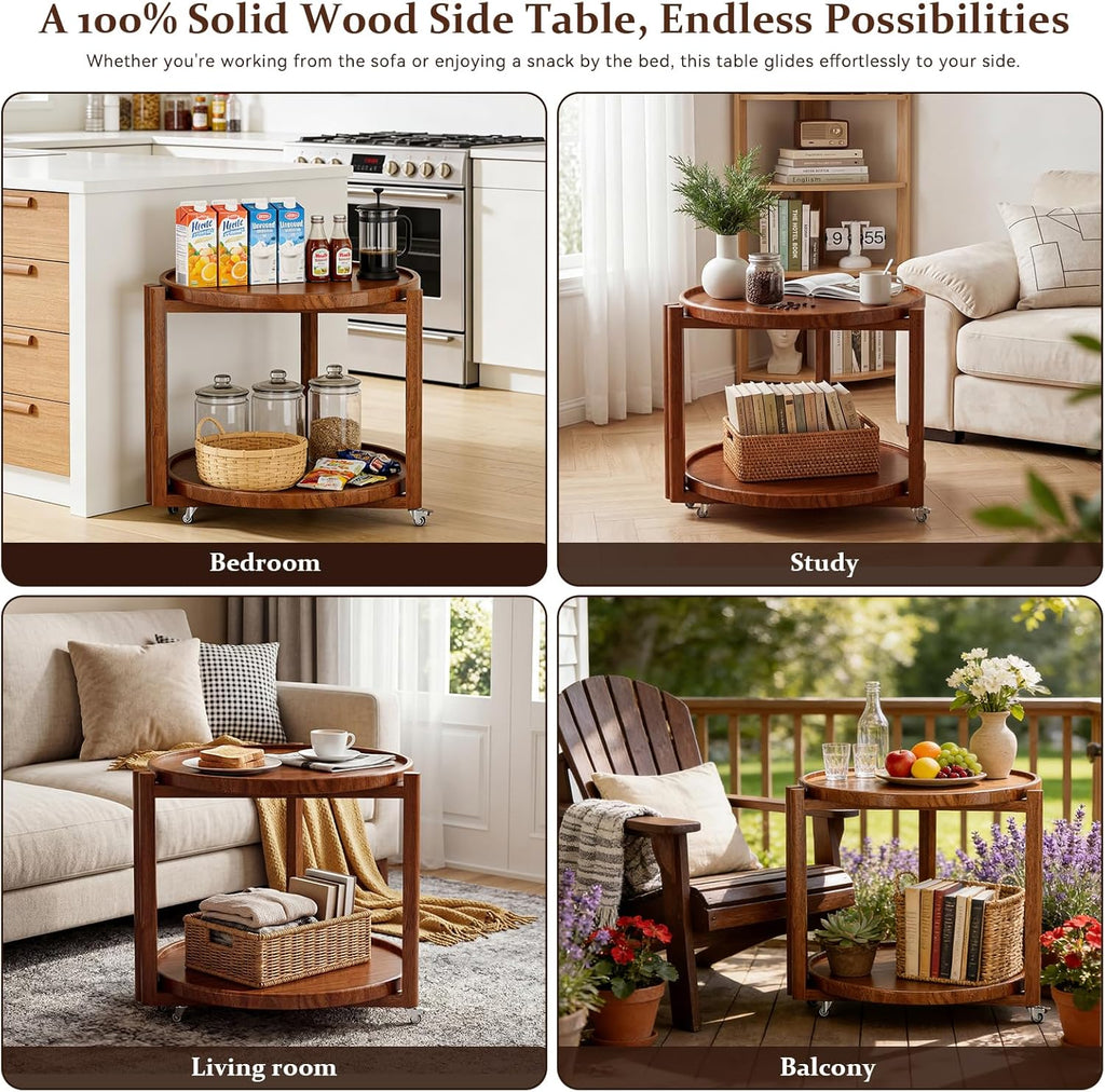 Taitiy Rolling Side Table with Wheels, Solid Wood Round End Table with Storage Shelf, 2 Tier Mobile Side Table for Couch & Small Spaces, Wooden Bedside Table with Lockable Casters, Walnut 21.5"