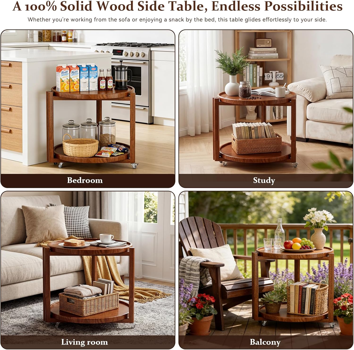 Taitiy Rolling Side Table with Wheels, Solid Wood Round End Table with Storage Shelf, 2 Tier Mobile Side Table for Couch & Small Spaces, Wooden Bedside Table with Lockable Casters, Walnut 21.5"