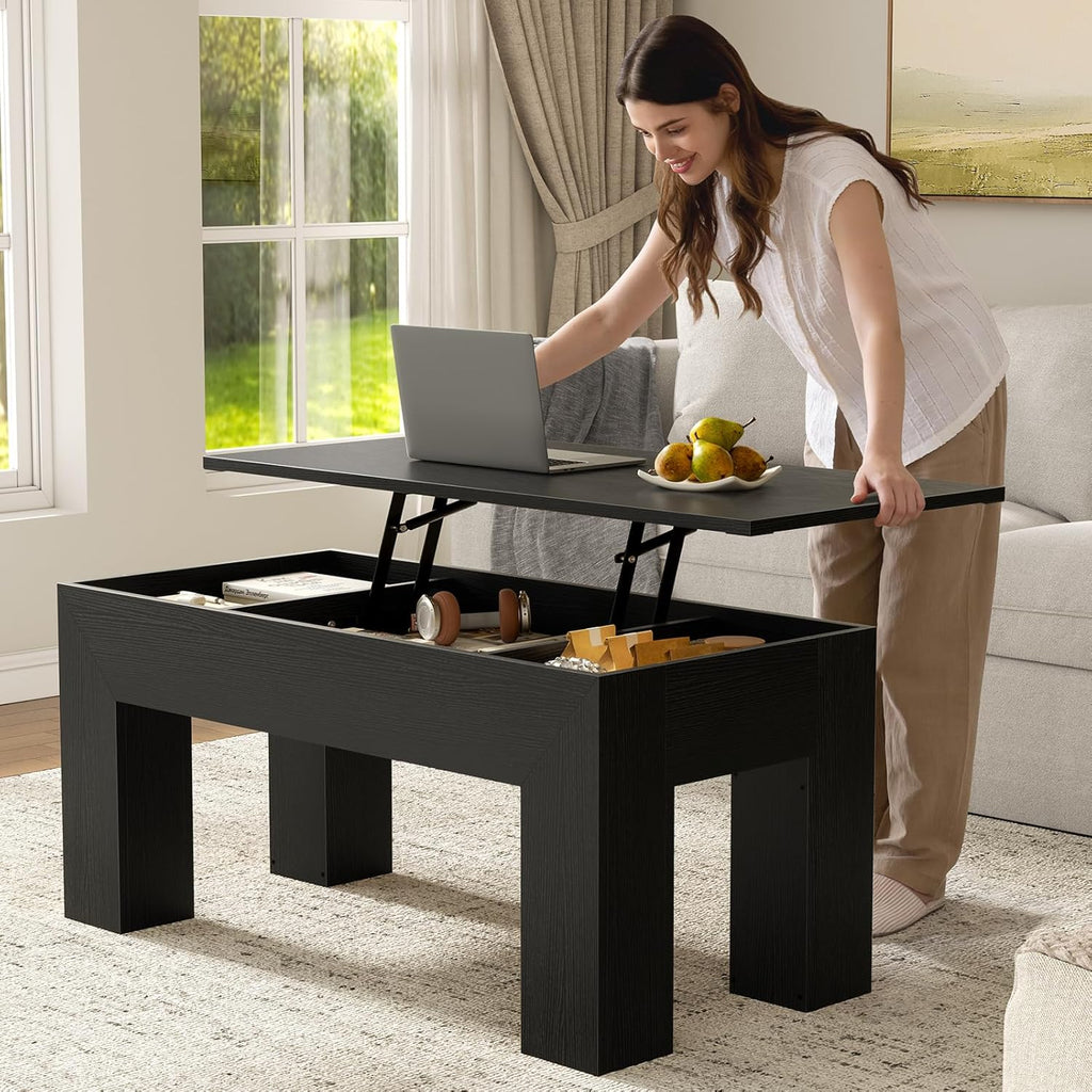 FABATO 41.7'' Lift Top Coffee Table, Wooden Rectangle Coffee Table with Hidden Storage, Large Center Table Adjustable Height Sofa Table for Living Room Office Apartment, Black