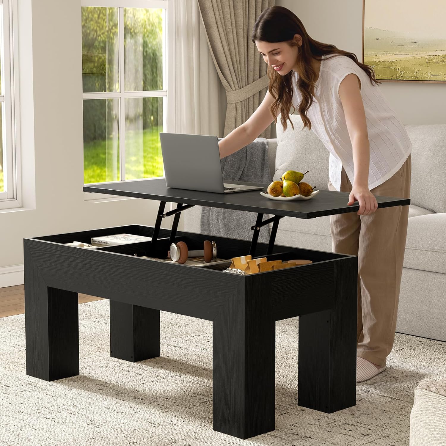 FABATO 41.7'' Lift Top Coffee Table, Wooden Rectangle Coffee Table with Hidden Storage, Large Center Table Adjustable Height Sofa Table for Living Room Office Apartment, Black