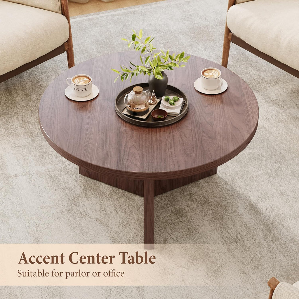 Luoxiao 31.5" Round Coffee Table Mid Century Modern Center Table for Living Room, Minimalist Circle Accent Table for Apartments, Study, Office, Space-Saving, Easy Assembly, Walnut