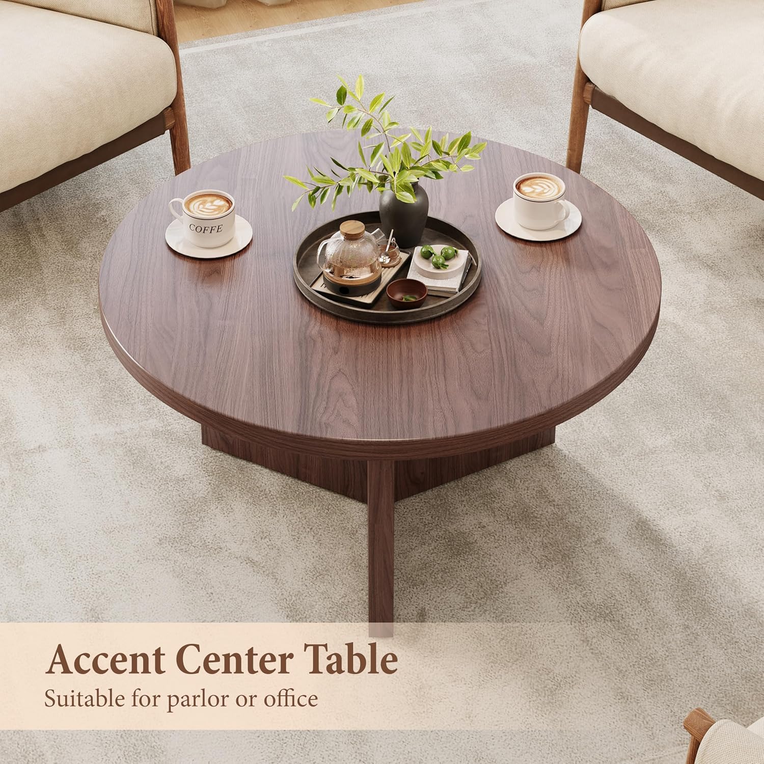 Luoxiao 31.5" Round Coffee Table Mid Century Modern Center Table for Living Room, Minimalist Circle Accent Table for Apartments, Study, Office, Space-Saving, Easy Assembly, Walnut