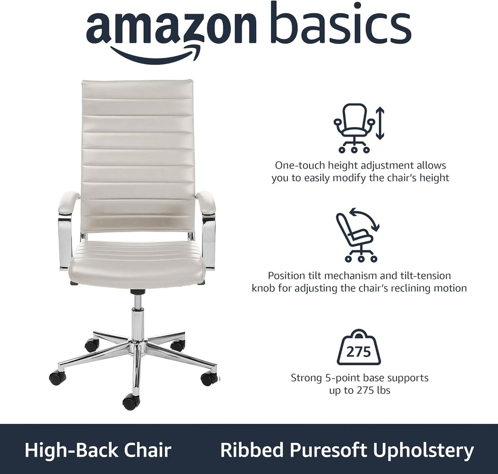 Amazon Basics High-Back Swivel Office Chair with Lumbar Support, Ergonomic Ribbed Faux Leather, Modern Style, 45.25" x 24.75" x 23.25", Stunning White