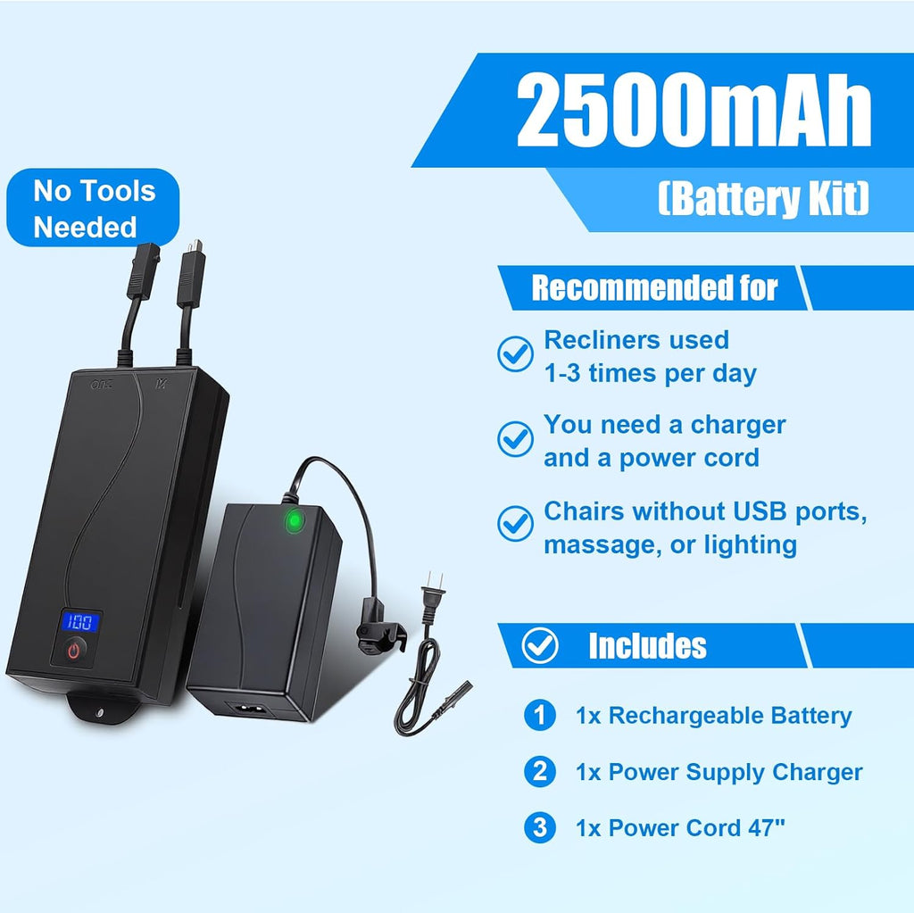 Universal Battery Pack for Reclining Furniture with LED Display- Wireless 2500mAh Rechargeable Battery for Electric Recliner, Power Sofa, Couch, Lift Chair- Fits 2-Pin Motion Furniture (with Charger)
