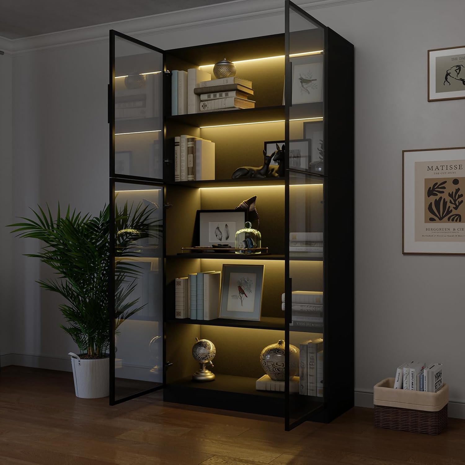 78.7" Display Cabinet with 4 Glass Doors, 5 -Tier Storage Cabinet with APP Control LED Lights, Tall Black Bookcase with Storage, Wooden Display Case for Collectible, Living Room, Office(Black)