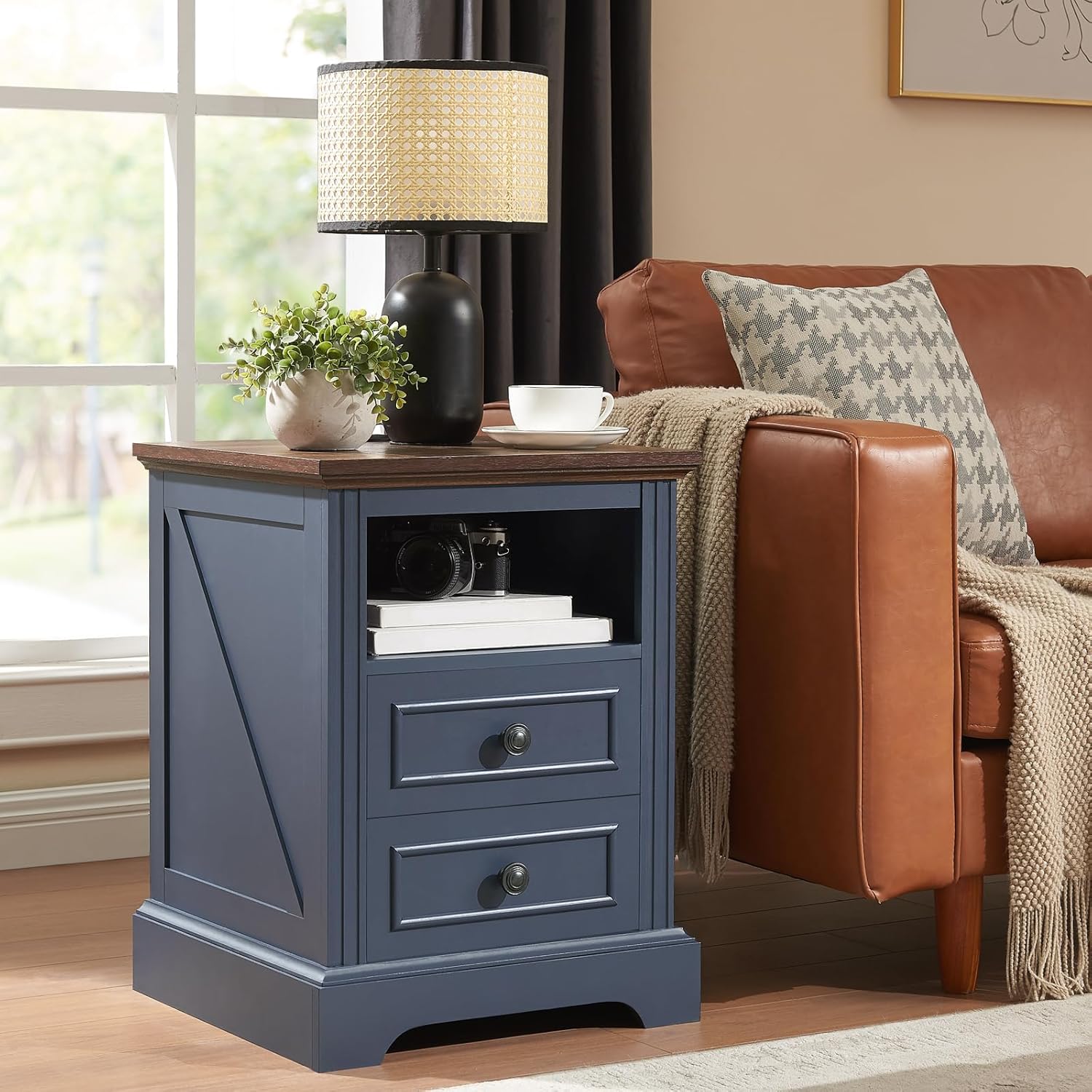 QUW Nightstand Set of 2 with Charging Station, Side Table with 2 Drawers and Open Storage, 18" Retro Bedside Table, End Table for Bedroom, Living Room, Blue