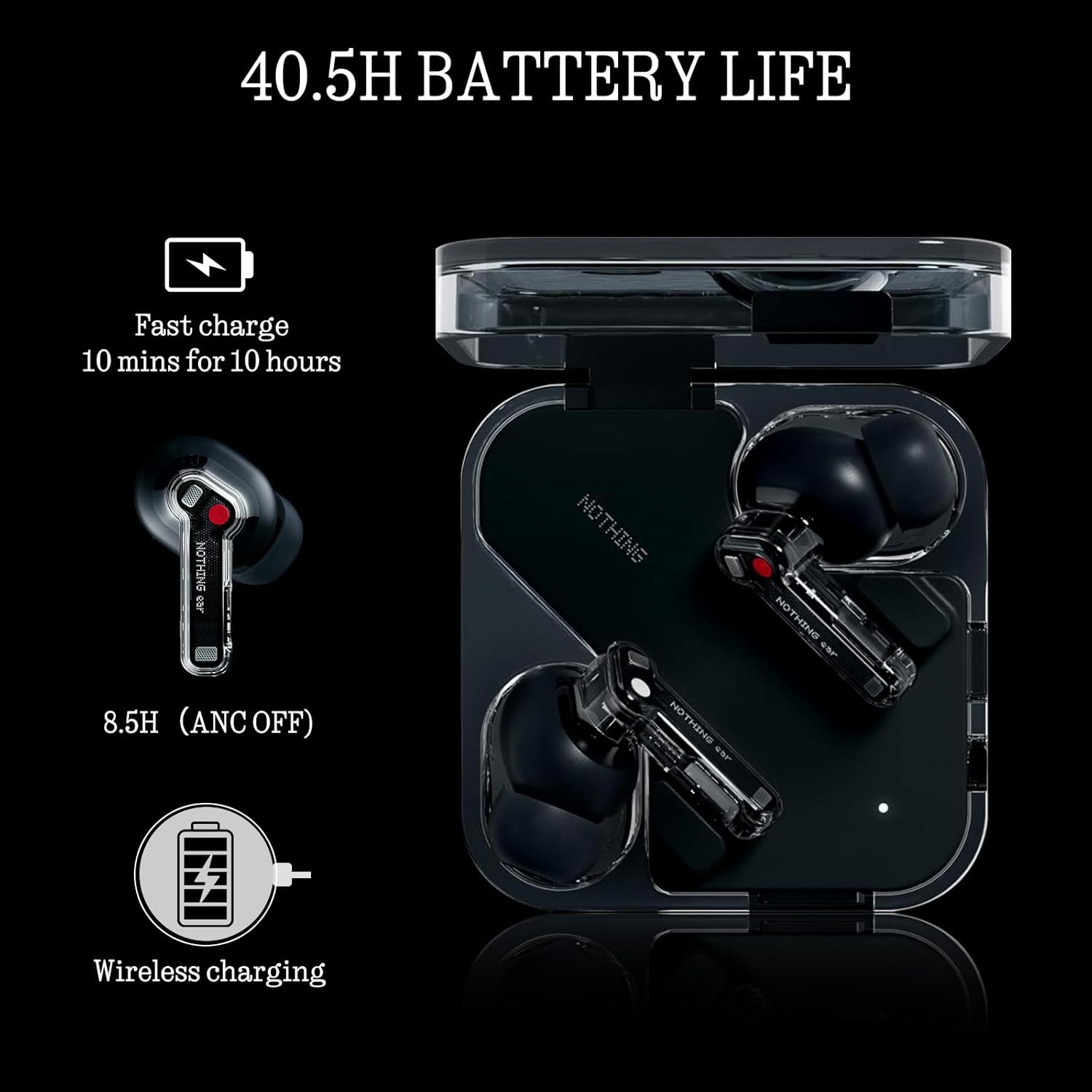 Nothing Ear Wireless Earbuds Bluetooth  45dB Hybrid Smart ANC Earbuds  11mm Deep Bass Boost  Hi-Res Audio with LDAC & LHDC 5.0  6 Mics Call  40.5H Playtime with Fast Charging Case  ChatGPT Supported