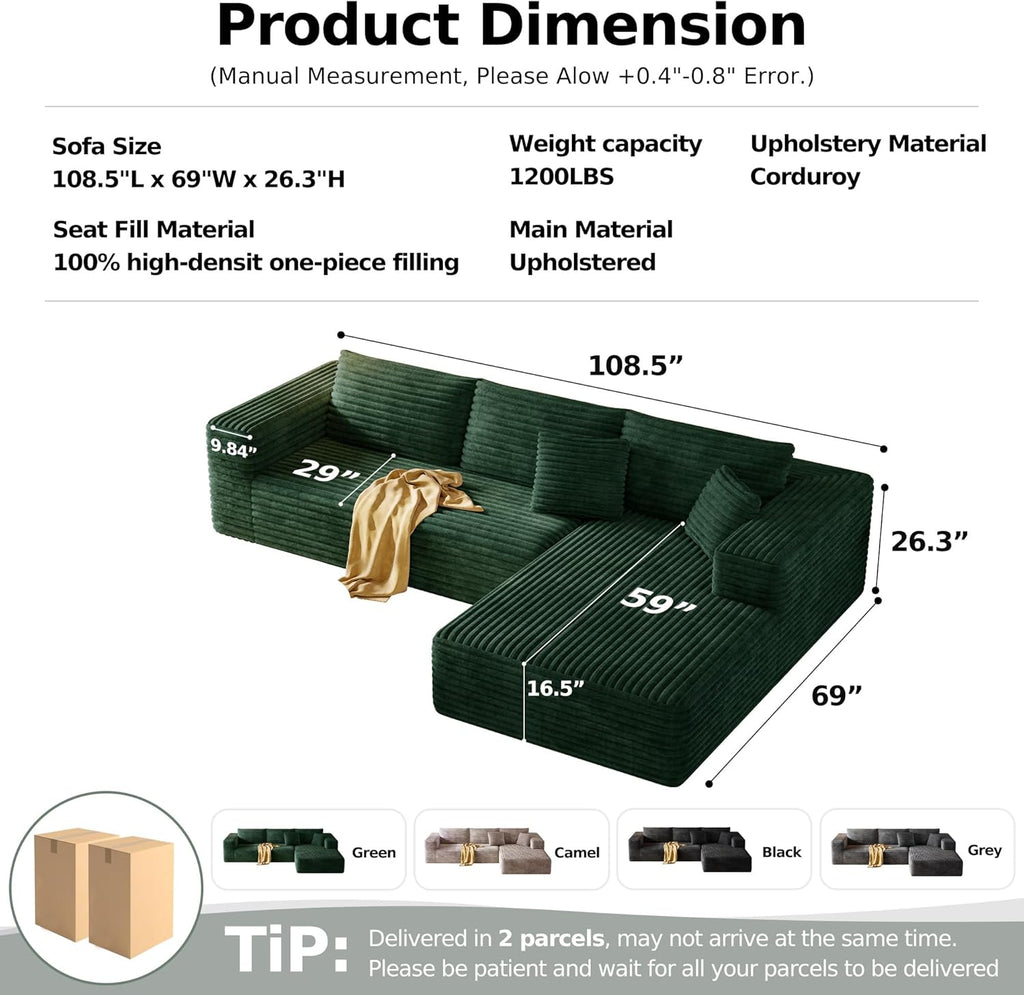 108.2" Modular Sectional Sofa with Deep Seat, Boneless L Shaped Corduroy Couch Modern Comfort, Cloud Couch Oversized for Living Room No Assembly (Right Facing Chaise,Green)