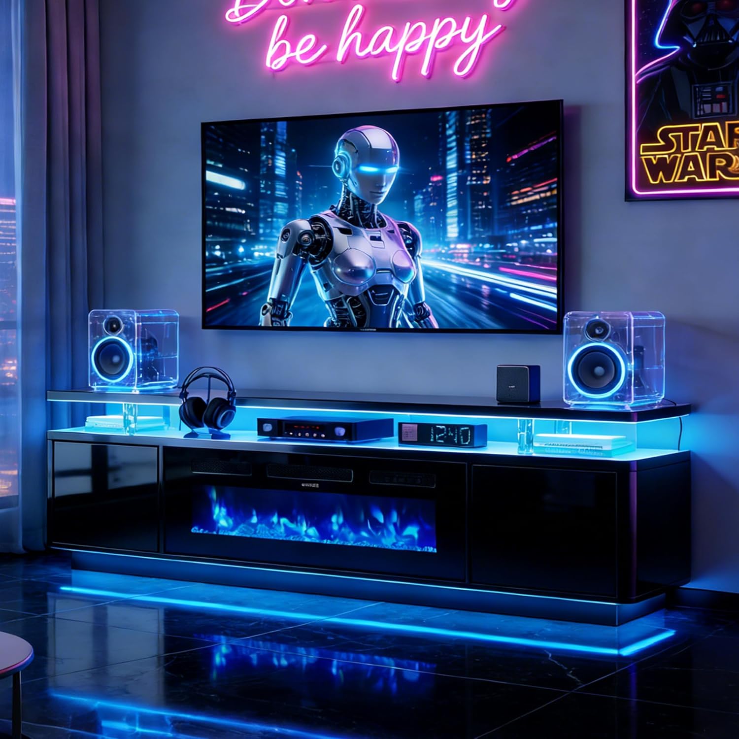 oneinmil 80" Fireplace TV Stand with Dual LED Lights, Fits Most TVs Up to 90", Electric Fireplace Entertainment Center with Storage Cabinets, Media Console for Living Room Office, Black