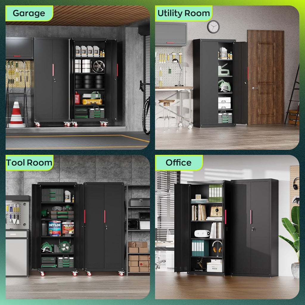 Kelueo 71" H Garage Storage Cabinet with Wheels,Metal Cabinets with 4 Adjustable Shelves and 2 Locking Doors for Garage,Home,Office,Shop,Black