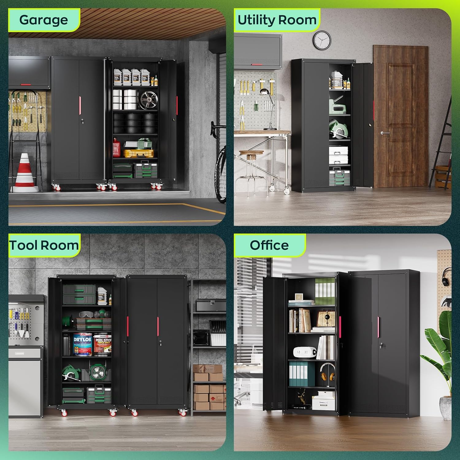 Kelueo 71" H Garage Storage Cabinet with Wheels,Metal Cabinets with 4 Adjustable Shelves and 2 Locking Doors for Garage,Home,Office,Shop,Black