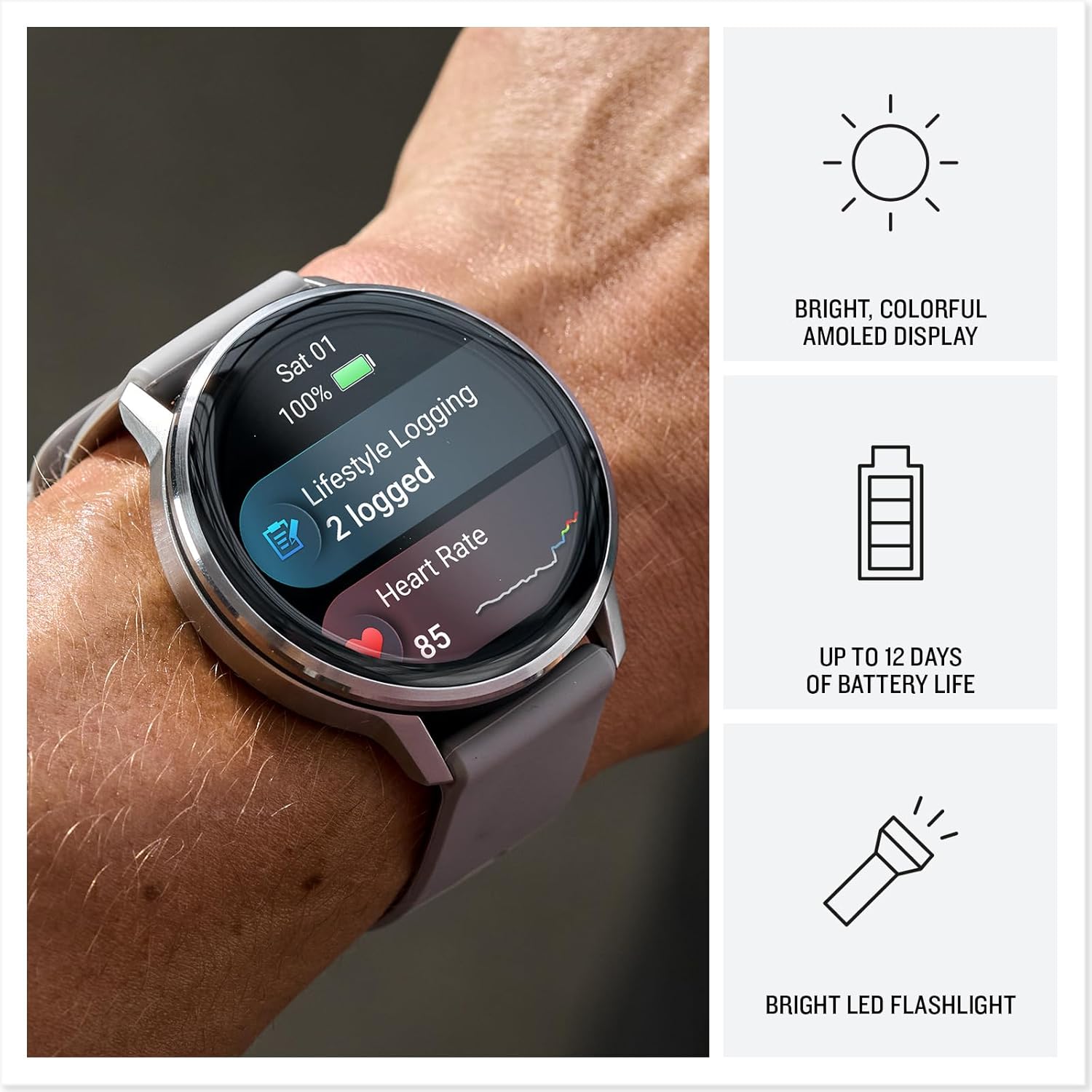 Garmin Venu 4  45mm  Advanced Health & Fitness GPS Smartwatch  Bright & Colorful Display  Flashlight  12 Days Battery Life | Silver with Gray Silicone Band  Signature Series Power Bundle