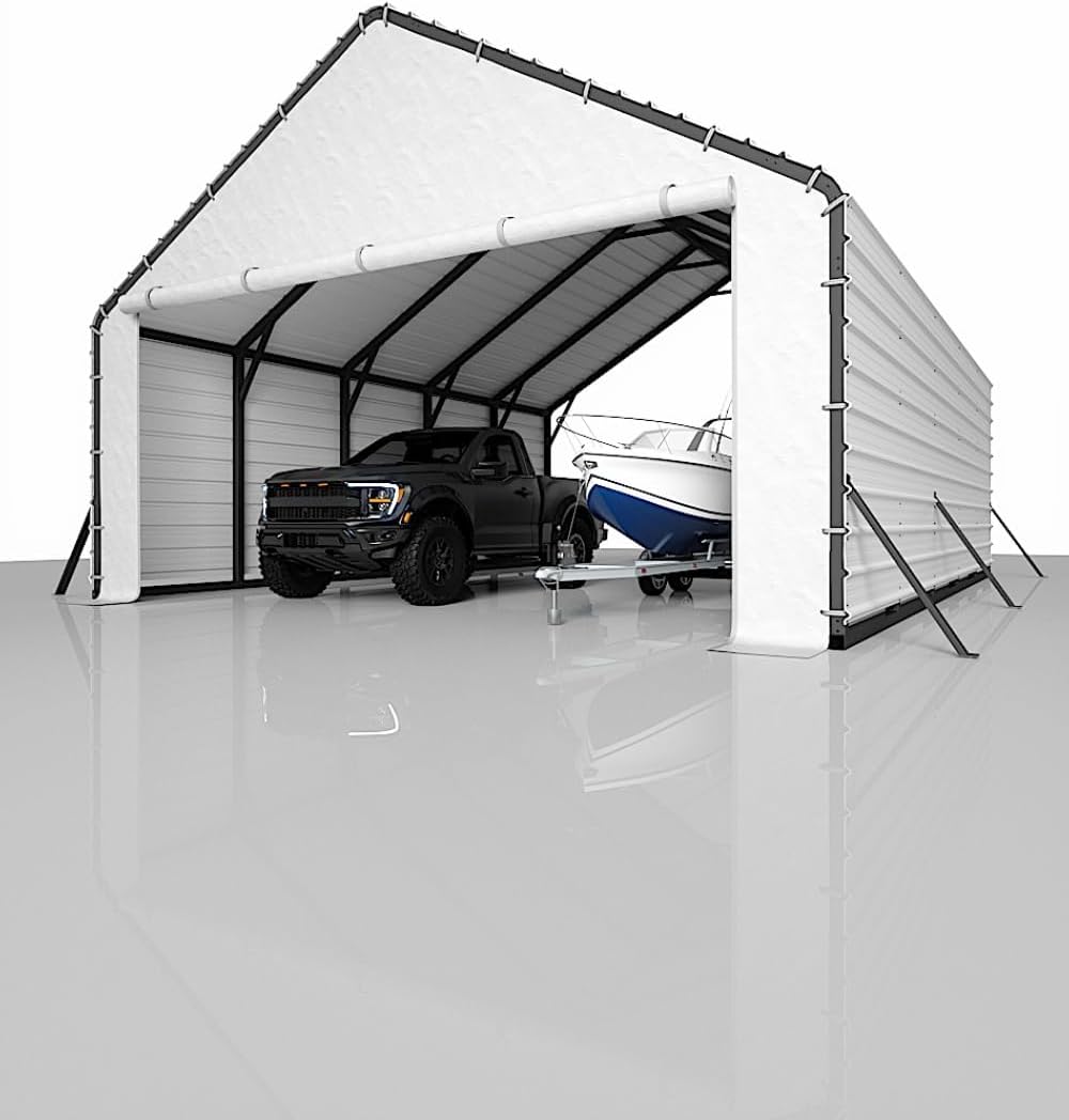 Door Panels with Zippers for Metal Carport,20x25ft & 20x20ft Heavy Duty 200g PE Tarp Enclosure with Zippered Front & Back - Waterproof White Cover for Carport Garage, Equipment Shelter,20FT Width