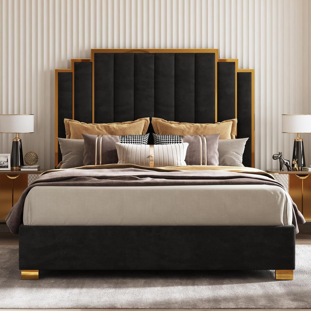 AMERLIFE King Size Upholstered Bed, Modern Velvet Bed Frame with 65.4” Tall Gold Trim Headboard, No Box Spring Needed, Black
