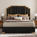 AMERLIFE King Size Upholstered Bed, Modern Velvet Bed Frame with 65.4” Tall Gold Trim Headboard, No Box Spring Needed, Black