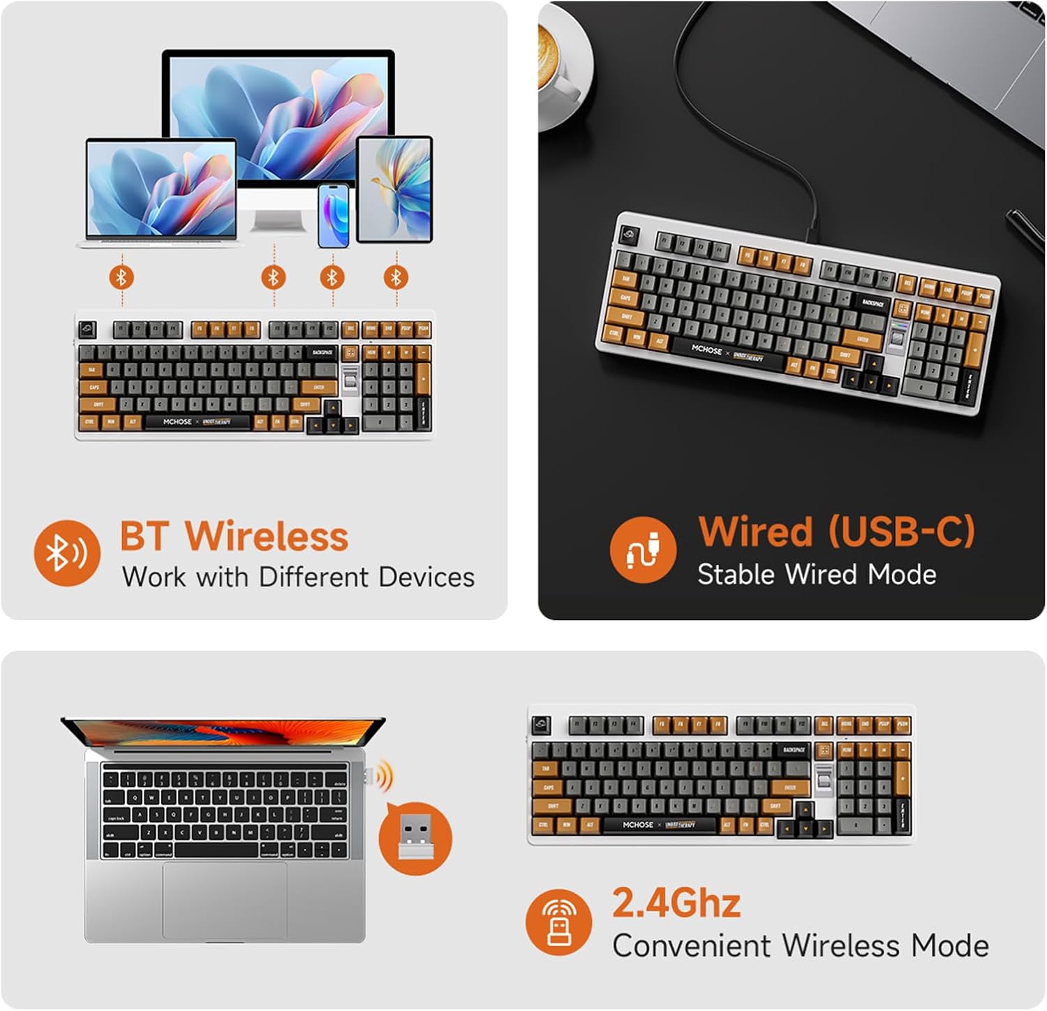MCHOSE UT98 Wireless Mechanical Keyboard Compact Gaming Keyboard with Knob Tri-Mode Connection Hot Swappable Custom Creamy Keyboard Gasket Structure Pre-lubed Linear Switches RGB Classic ICY