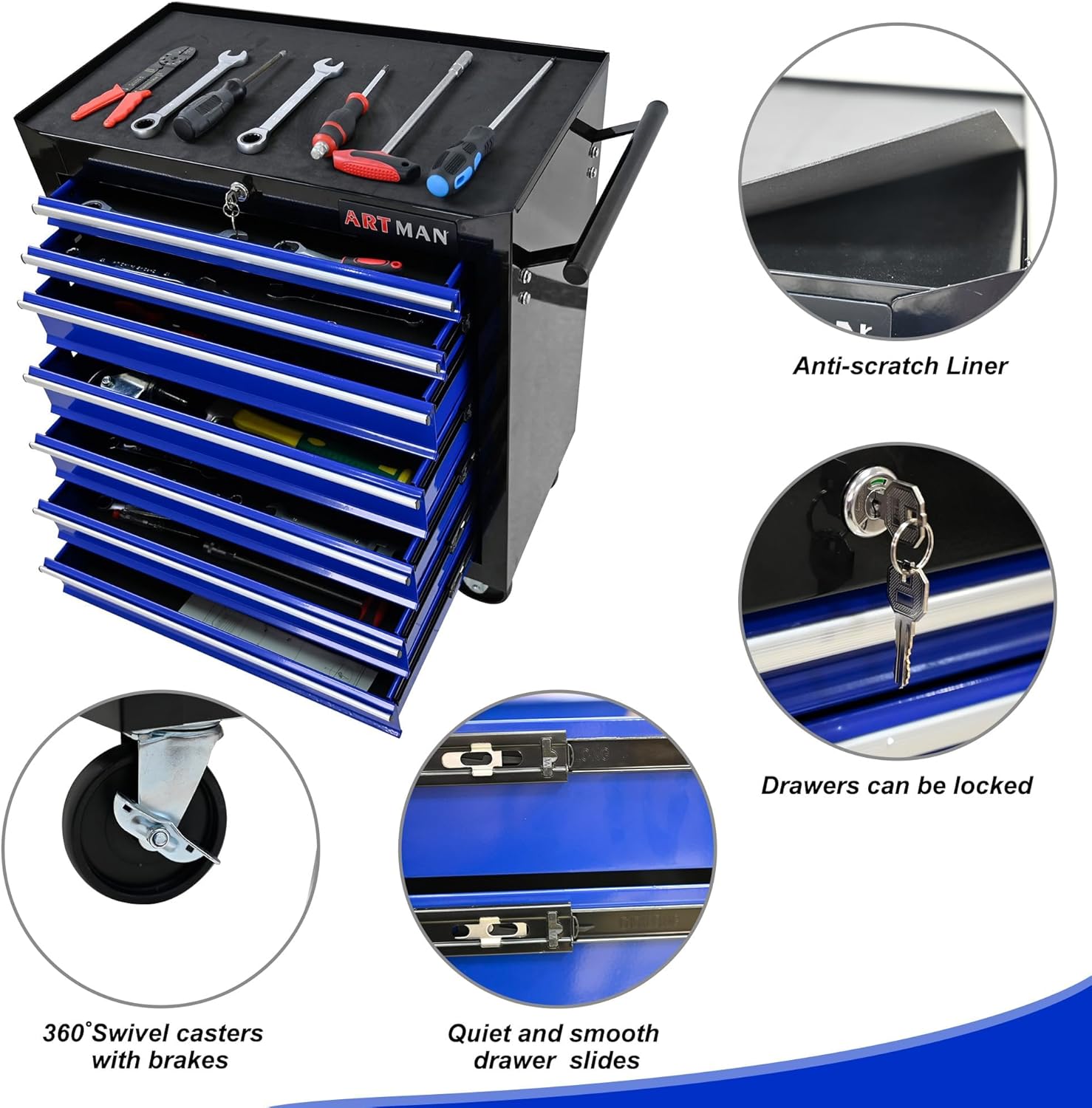 7 Drawers Rolling Tool Cart on Wheels, Multifunctional Organizer Tool Chest Tool Case , Trolley Tool Storage Tool Box for Workshop,Garage,Repair Shop (7 Drawers 24.2"W×12.9"D×29.9"H-Black&Blue)