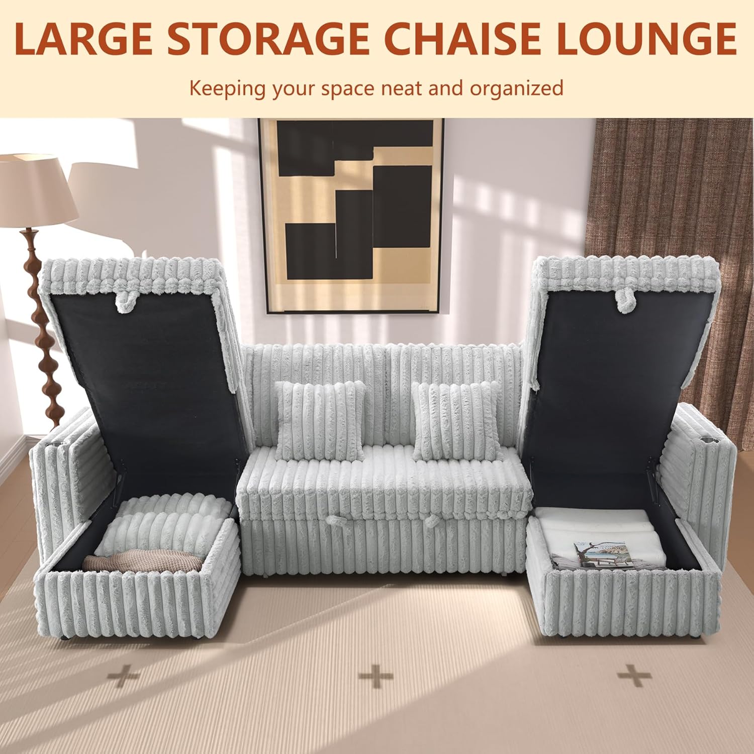 124" Sectional Sleeper Sofa with Pull Out Bed, Comfy Fluffy Plush Corduroy Cloud Sectional Couches for Living Room, U Shaped Modular Couch with Storage Chaise, Cup Holder & USB Charger, Grey