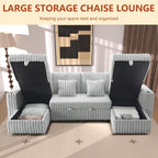 124" Sectional Sleeper Sofa with Pull Out Bed, Comfy Fluffy Plush Corduroy Cloud Sectional Couches for Living Room, U Shaped Modular Couch with Storage Chaise, Cup Holder & USB Charger, Grey