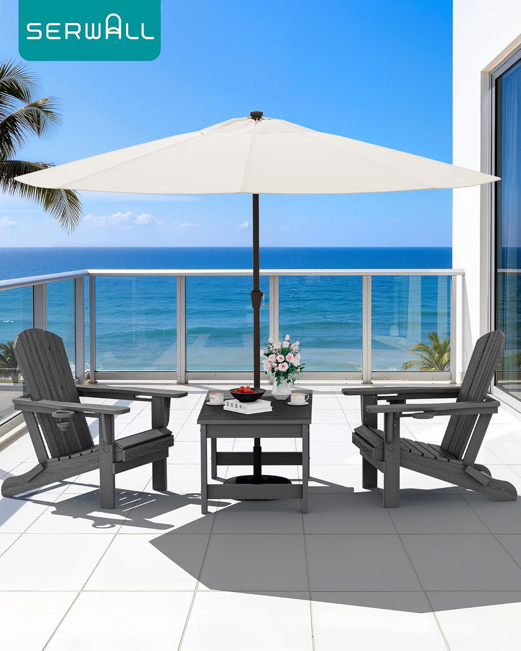 SERWALL Outdoor Coffee Table with 1.69" Umbrella Hole, HDPE Patio Coffee Table for Outside, Rectangle, Gray