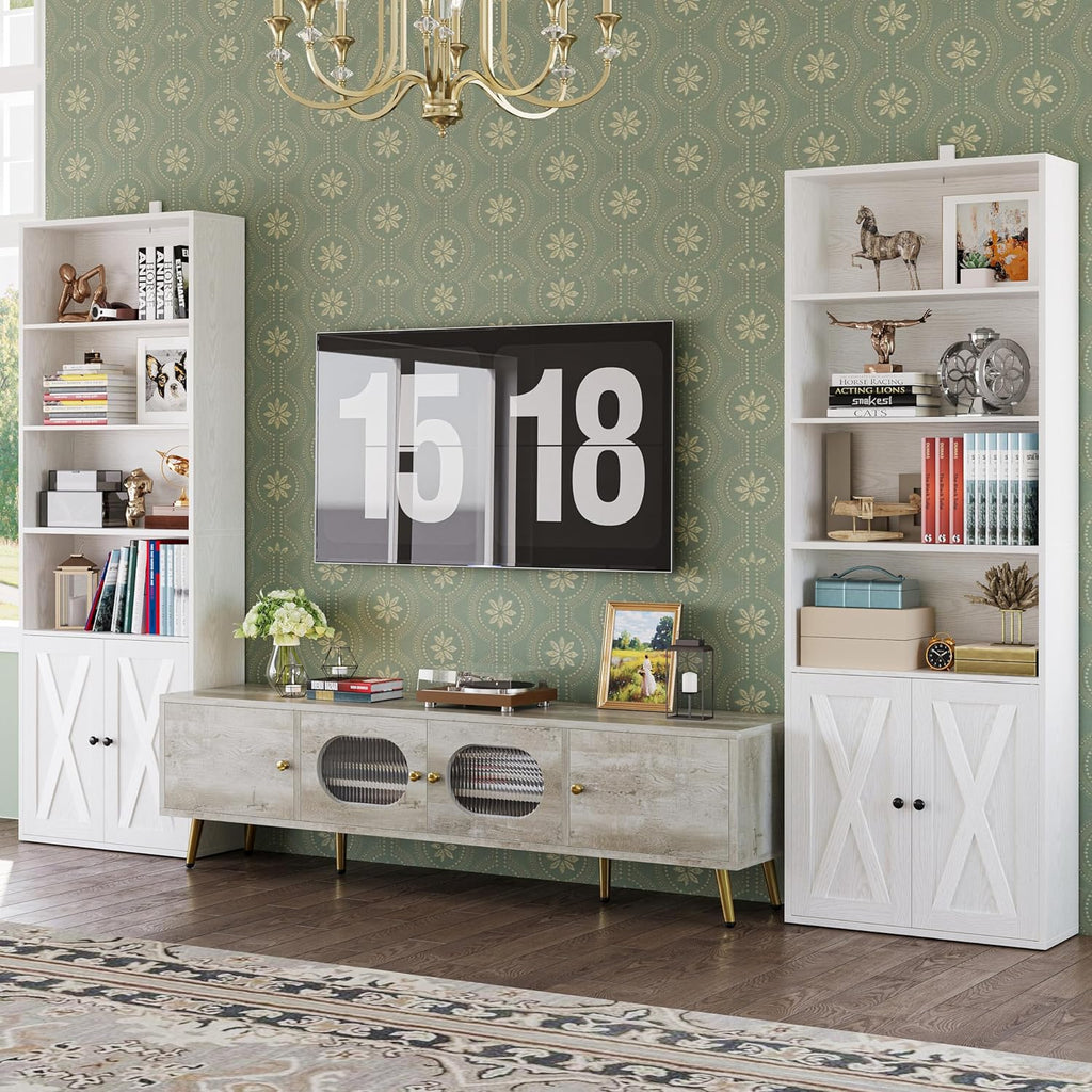 IRONCK Industrial Bookshelves and Bookcases with Doors Set of 2 Floor Standing 6 Shelf Display Storage Shelves 70 in Tall Bookcase for Home Office, Living Room