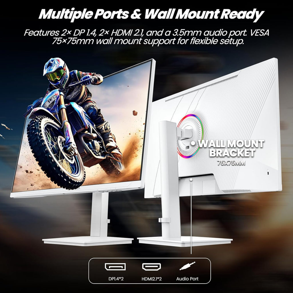 CRUA 27" Gaming Monitor  144Hz 4K UHD(3840*2160P) IPS Screen  Supports Height/Pivot/Rotating/Tilt Adjustable Vertical Monitor  AMD Freesync  120% sRGB  Built-in Speakers  Wall Mountable Installs-White