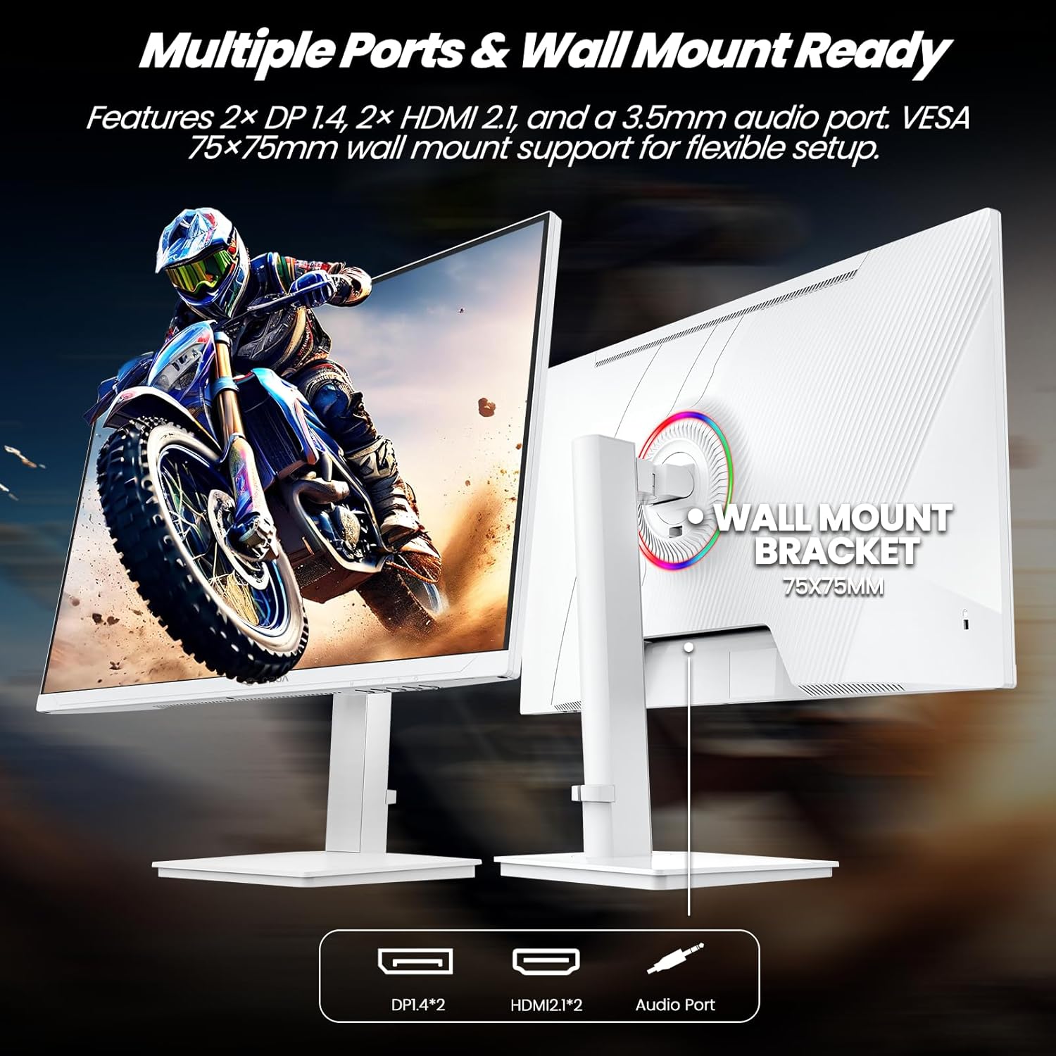 CRUA 27" Gaming Monitor  144Hz 4K UHD(3840*2160P) IPS Screen  Supports Height/Pivot/Rotating/Tilt Adjustable Vertical Monitor  AMD Freesync  120% sRGB  Built-in Speakers  Wall Mountable Installs-White