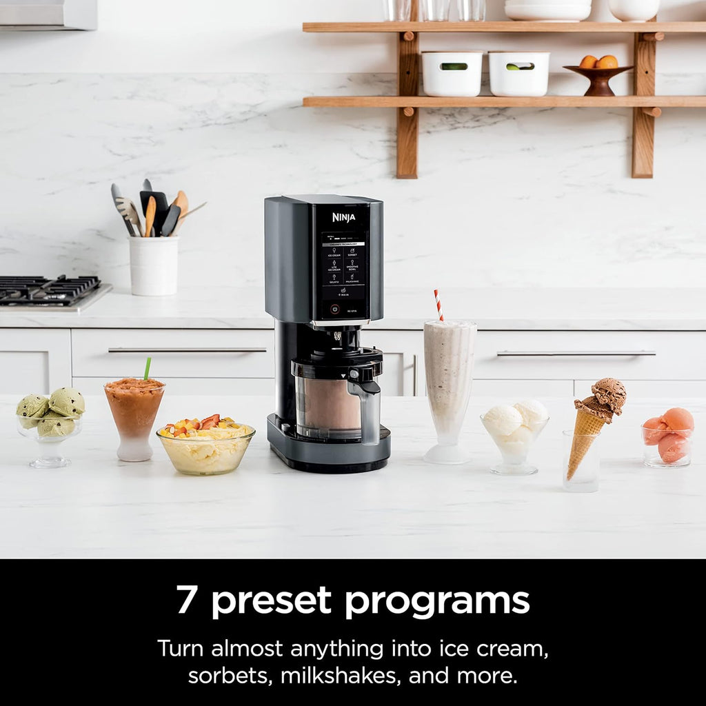 Ninja CREAMi, Ice Cream Maker, Ice Cream, Gelato, Sorbet,Milkshakes, Mix-ins, Smoothie Bowls & More, 7-in-1, Ice Cream Pints, Pint lid, Healthy Ice Cream, Compact, Perfect for Kids, Black, NC299AMZ