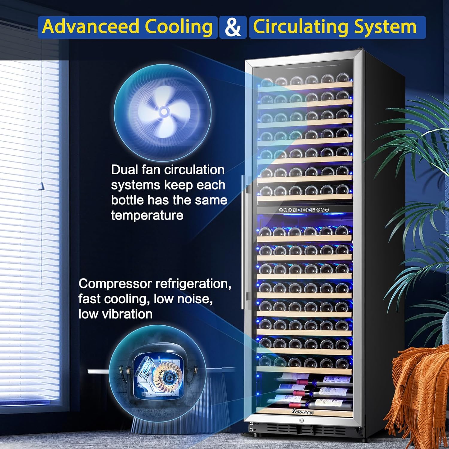 AAOBOSI Wine Cooler Refridgerator 24 Inch, 176 Bottles Dual Zone Wine Fridge with Double-Layer Tempered Glass Door and Temperature Memory Fuction,Built-in or Freestanding.